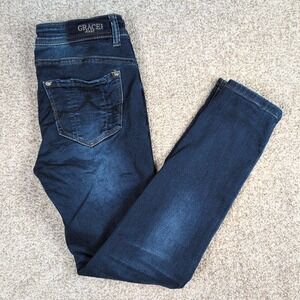 Grace in LA Dark Wash Skinny Jeans Whiskered Faded Size 27 EN-9357-KT